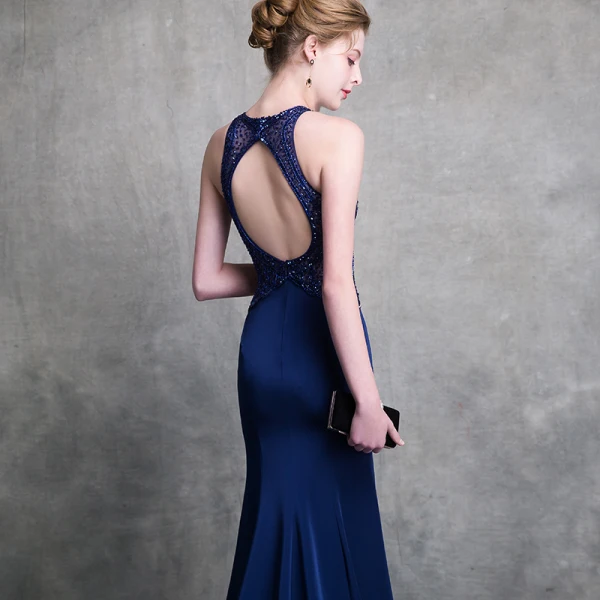 Luxury / Gorgeous Royal Blue Evening Dresses 2018 Trumpet / Mermaid Scoop Neck Strapless Sleeveless Beading Court Train Ruffle Backless Formal Dresses