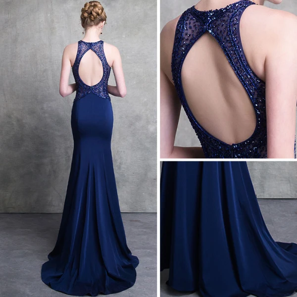 Luxury / Gorgeous Royal Blue Evening Dresses 2018 Trumpet / Mermaid Scoop Neck Strapless Sleeveless Beading Court Train Ruffle Backless Formal Dresses