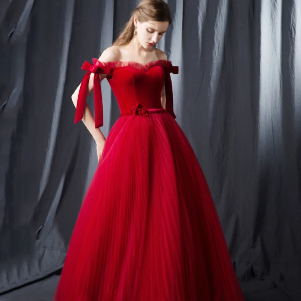 Modern / Fashion Red Prom Dresses 2019 A-Line / Princess Off-The-Shoulder Short Sleeve Bow Sash Floor-Length / Long Pleated Backless Formal Dresses