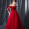 Modern / Fashion Red Prom Dresses 2019 A-Line / Princess Off-The-Shoulder Short Sleeve Bow Sash Floor-Length / Long Pleated Backless Formal Dresses