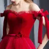 Modern / Fashion Red Prom Dresses 2019 A-Line / Princess Off-The-Shoulder Short Sleeve Bow Sash Floor-Length / Long Pleated Backless Formal Dresses