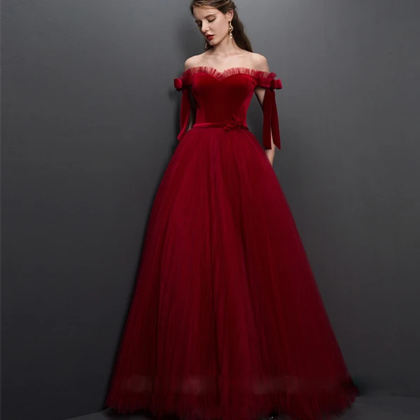 Modern / Fashion Red Prom Dresses 2019 A-Line / Princess Off-The-Shoulder Short Sleeve Bow Sash Floor-Length / Long Pleated Backless Formal Dresses
