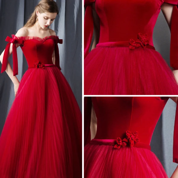 Modern / Fashion Red Prom Dresses 2019 A-Line / Princess Off-The-Shoulder Short Sleeve Bow Sash Floor-Length / Long Pleated Backless Formal Dresses