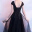 Moderne / Mode Noire Robe De Soirée 2019 Princesse V-Cou Mancherons Appliques En Dentelle Faux Diamant Longue Volants Dos Nu Robe De Ceremonie
