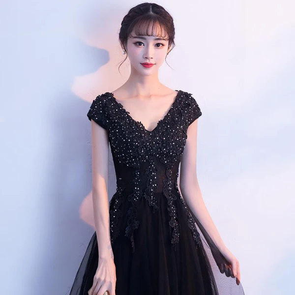 Moderne / Mode Noire Robe De Soirée 2019 Princesse V-Cou Mancherons Appliques En Dentelle Faux Diamant Longue Volants Dos Nu Robe De Ceremonie
