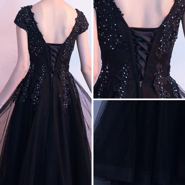Moderne / Mode Noire Robe De Soirée 2019 Princesse V-Cou Mancherons Appliques En Dentelle Faux Diamant Longue Volants Dos Nu Robe De Ceremonie