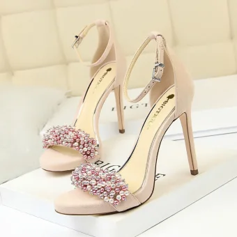 Sexy Rougissant Rose Soirée Perle Faux Diamant Sandales Femme 2022 Bride Cheville 11 Cm Talons Aiguilles Peep Toes Bout Ouvert Sandales Talons Hauts