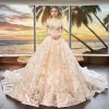Luxury / Gorgeous Champagne Wedding Dresses 2019 A-Line / Princess Off-The-Shoulder Short Sleeve Backless Appliques Lace Beading Cathedral Train Ruffle