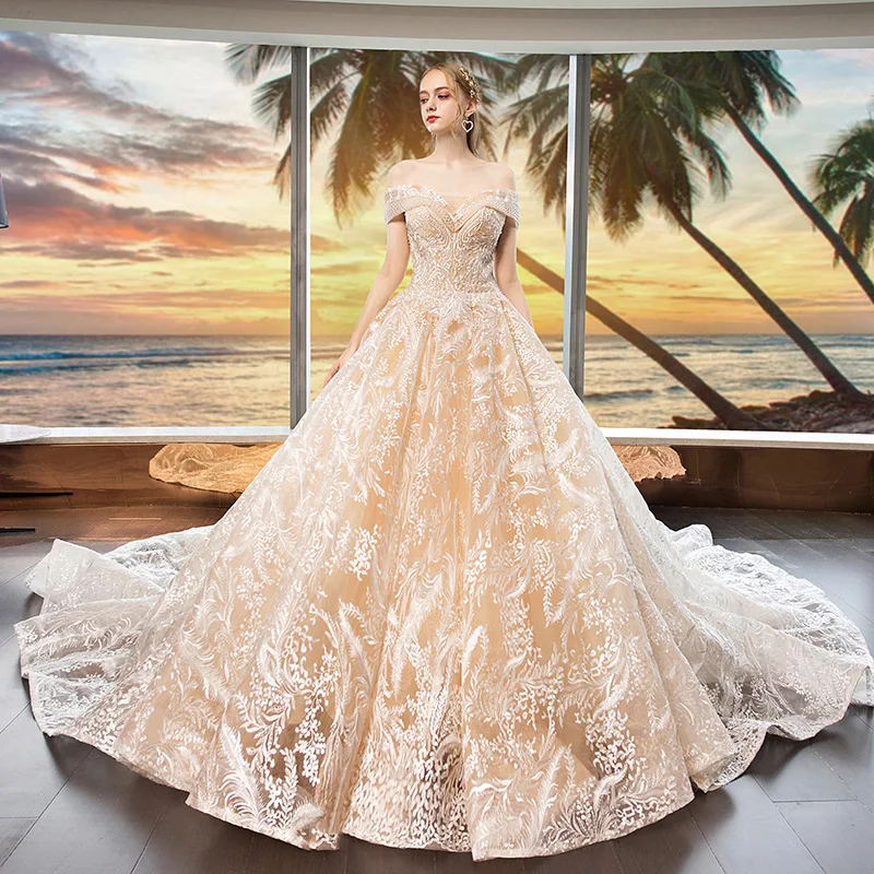 white christmas dresses Champagne Sheath Wedding Gown with Ivory Lace Appliques – loveangeldress main image 0