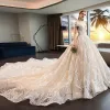 Luxury / Gorgeous Champagne Wedding Dresses 2019 A-Line / Princess Off-The-Shoulder Short Sleeve Backless Appliques Lace Beading Cathedral Train Ruffle