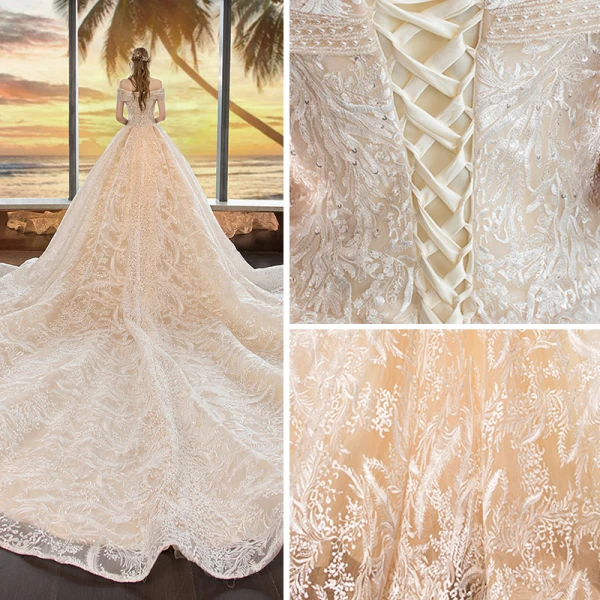 Luxe Champagne Robe De Mariée 2019 Princesse De l'épaule Manches Courtes Dos Nu Appliques En Dentelle Perlage Cathedral Train Volants