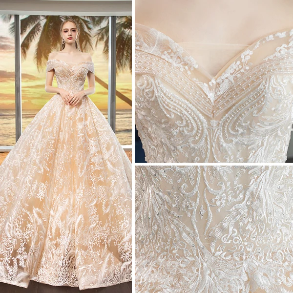 Luxe Champagne Robe De Mariée 2019 Princesse De l'épaule Manches Courtes Dos Nu Appliques En Dentelle Perlage Cathedral Train Volants