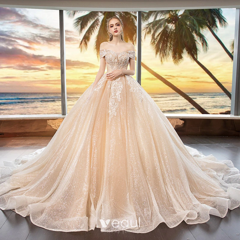 Bling Bling Champagne Wedding Dresses 2019 Ball Gown Off The