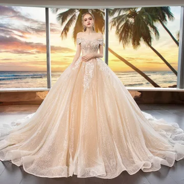 Bling Bling Champagne Wedding Dresses 2019 Ball Gown Off The Shoulder Short Sleeve Backless Appliques Lace Beading Glitter Tulle Cathedral Train Ruffle