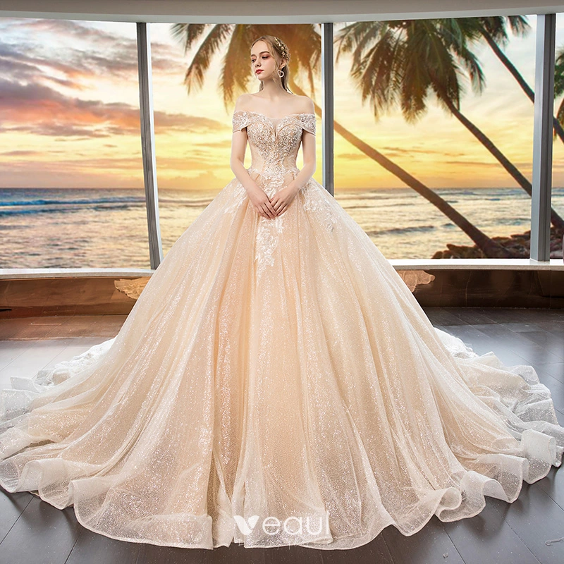 Bling Bling Champagne Wedding Dresses 2019 Ball Gown Off The Shoulder Short Sleeve Backless Appliques Lace Beading Glitter Tulle Cathedral Train Ruffle
