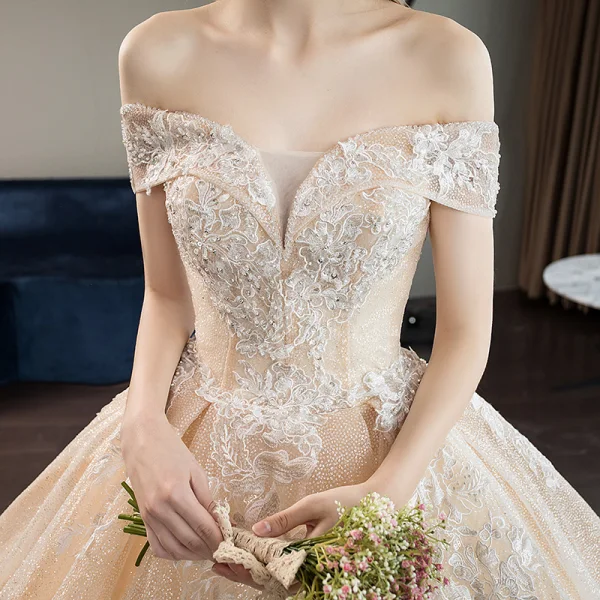 Bling Bling Champagne Wedding Dresses 2019 Ball Gown Off-The-Shoulder Short Sleeve Backless Appliques Lace Beading Glitter Tulle Cathedral Train Ruffle