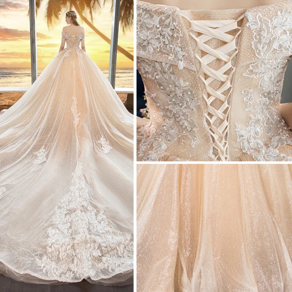 Bling Bling Champagne Wedding Dresses 2019 Ball Gown Off-The-Shoulder Short Sleeve Backless Appliques Lace Beading Glitter Tulle Cathedral Train Ruffle