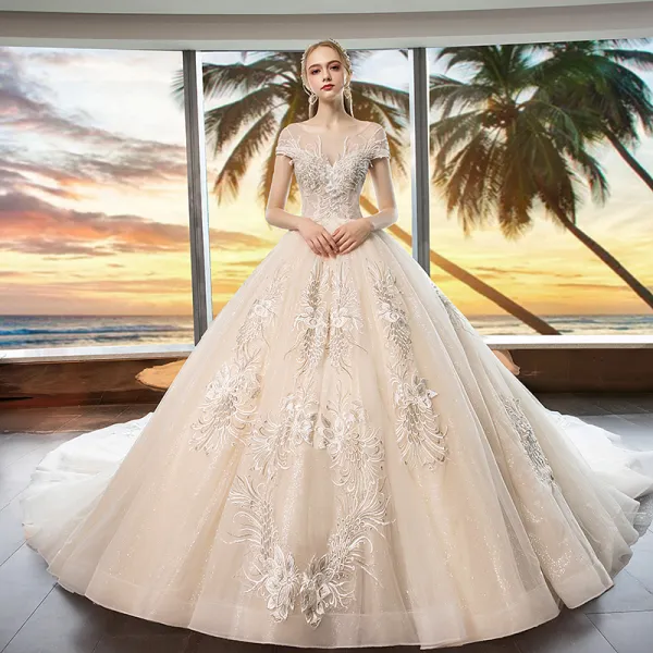 See Through Cap Sleeves Wedding Dresses, Appliques Elegant Wedding Dresses See Through Cap Sleeves Wedding Dresses, Appliques Elegant Wedding Dresses