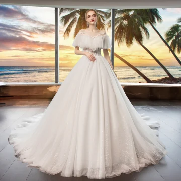 Mode Elfenben Genomskinliga Bröllopsklänningar 2019 Prinsessa Urringning Korta Ärm Halterneck Beading Glittriga Glitter Tyll Chapel Train Ruffle