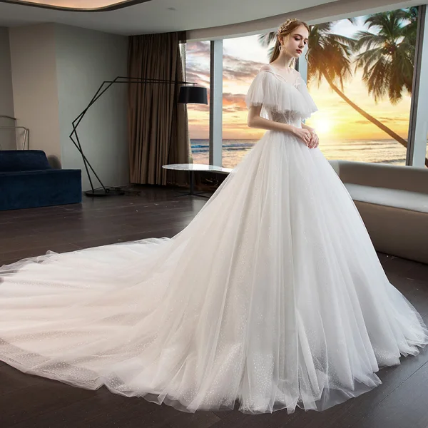 Modern / Fashion Ivory See-through Wedding Dresses 2019 A-Line / Princess Scoop Neck Short Sleeve Backless Beading Glitter Tulle Chapel Train Ruffle