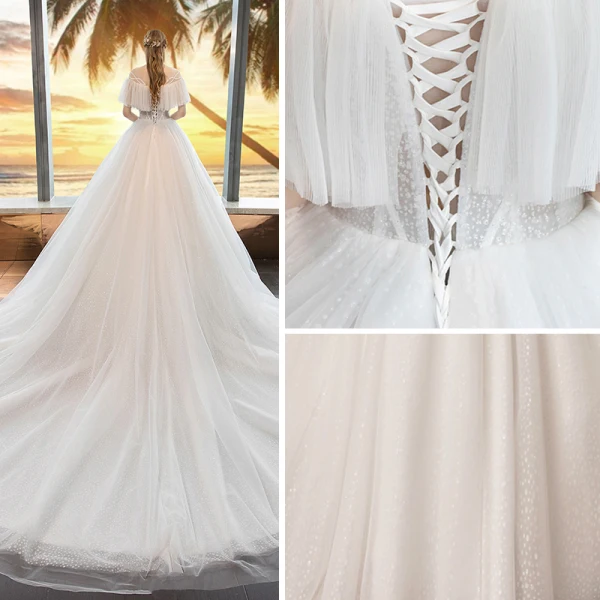 Modern / Fashion Ivory See-through Wedding Dresses 2019 A-Line / Princess Scoop Neck Short Sleeve Backless Beading Glitter Tulle Chapel Train Ruffle