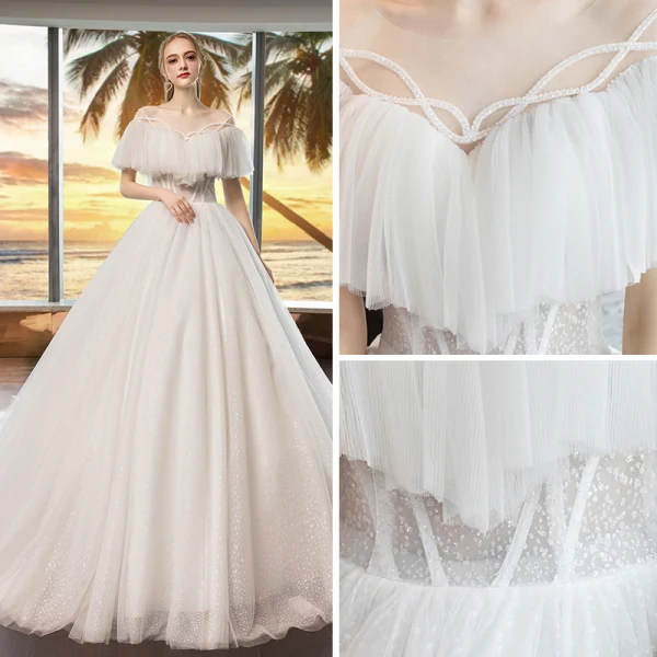 Modern / Fashion Ivory See-through Wedding Dresses 2019 A-Line / Princess Scoop Neck Short Sleeve Backless Beading Glitter Tulle Chapel Train Ruffle
