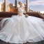 Vintage / Retro Ivory See-through Wedding Dresses 2019 Ball Gown Scoop Neck Short Sleeve Appliques Lace Floor-Length / Long Cascading Ruffles