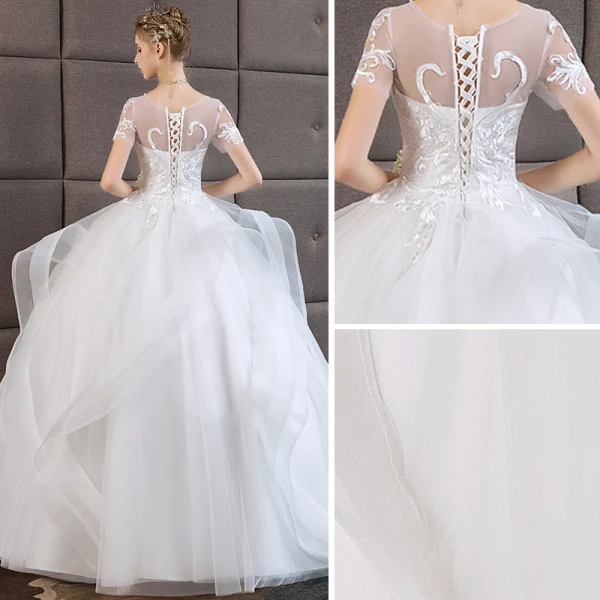 Vintage / Retro Ivory See-through Wedding Dresses 2019 Ball Gown Scoop Neck Short Sleeve Appliques Lace Floor-Length / Long Cascading Ruffles