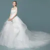 Affordable Ivory See-through Wedding Dresses 2019 Ball Gown Scoop Neck 1/2 Sleeves Backless Appliques Lace Chapel Train Cascading Ruffles