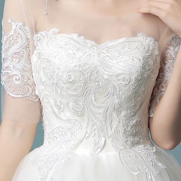 Affordable Ivory See-through Wedding Dresses 2019 Ball Gown Scoop Neck 1/2 Sleeves Backless Appliques Lace Chapel Train Cascading Ruffles