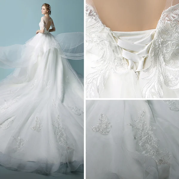 Affordable Ivory See-through Wedding Dresses 2019 Ball Gown Scoop Neck 1/2 Sleeves Backless Appliques Lace Chapel Train Cascading Ruffles