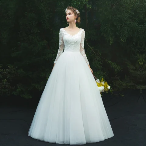 Simple Ivoire Percé Robe De Mariée 2019 Princesse V-Cou Manches Longues Appliques En Dentelle Longue Volants