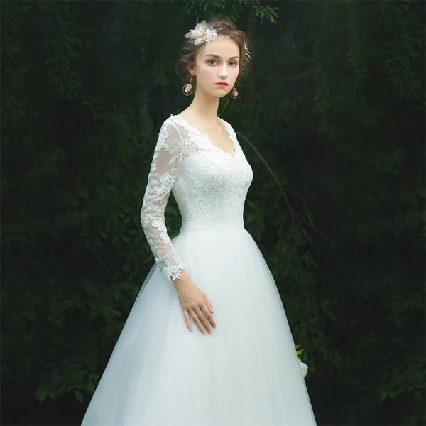 Schlicht Ivory / Creme Durchbohrt Brautkleider / Hochzeitskleider 2019 A Linie V-Ausschnitt Lange Ärmel Applikationen Spitze Lange Rüschen