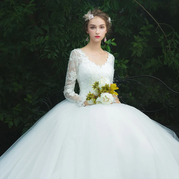 Schlicht Ivory / Creme Durchbohrt Brautkleider / Hochzeitskleider 2019 A Linie V-Ausschnitt Lange Ärmel Applikationen Spitze Lange Rüschen