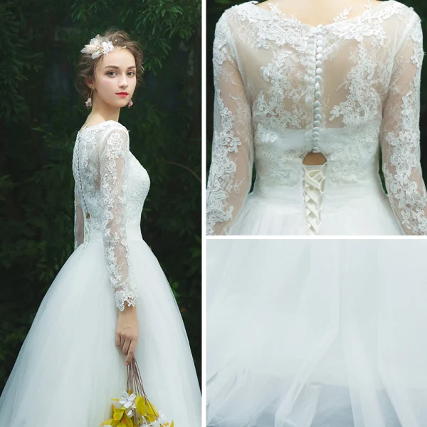 Schlicht Ivory / Creme Durchbohrt Brautkleider / Hochzeitskleider 2019 A Linie V-Ausschnitt Lange Ärmel Applikationen Spitze Lange Rüschen