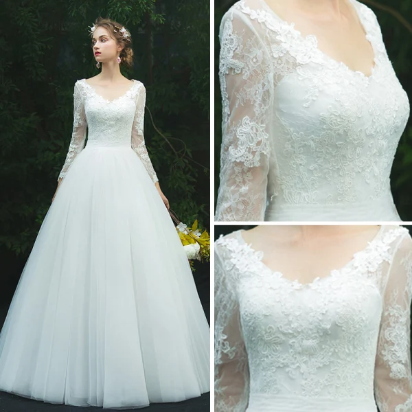 Schlicht Ivory / Creme Durchbohrt Brautkleider / Hochzeitskleider 2019 A Linie V-Ausschnitt Lange Ärmel Applikationen Spitze Lange Rüschen