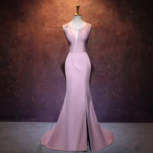 Chic Belle Rose Bonbon Percé Robe De Soirée 2017 Trompette Sirène Encolure Dégagée Sans Manches Cristal Fendue Devant Tribunal Train Dos Nu Robe De Ceremonie