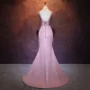 Schöne Pink Durchbohrt Abendkleider 2017 Mermaid Rundhalsausschnitt Ärmellos Kristall Gespaltete Front Hof-Schleppe Rückenfreies Festliche Kleider