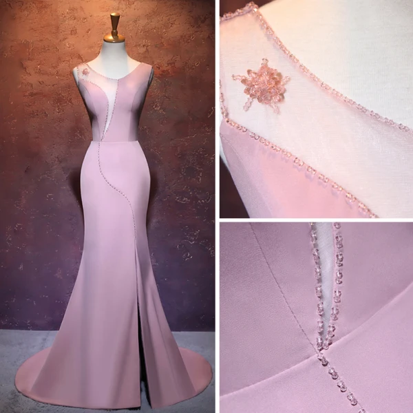 Schöne Pink Durchbohrt Abendkleider 2017 Mermaid Rundhalsausschnitt Ärmellos Kristall Gespaltete Front Hof-Schleppe Rückenfreies Festliche Kleider