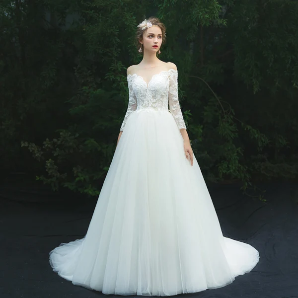 Illusion Ivory See-through Wedding Dresses 2019 A-Line / Princess Scoop Neck Long Sleeve Backless Appliques Lace Court Train Ruffle
