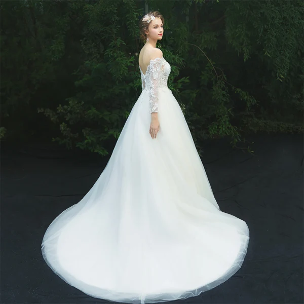 Illusion Ivory See-through Wedding Dresses 2019 A-Line / Princess Scoop Neck Long Sleeve Backless Appliques Lace Court Train Ruffle