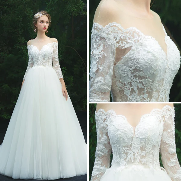 Illusion Ivory See-through Wedding Dresses 2019 A-Line / Princess Scoop Neck Long Sleeve Backless Appliques Lace Court Train Ruffle