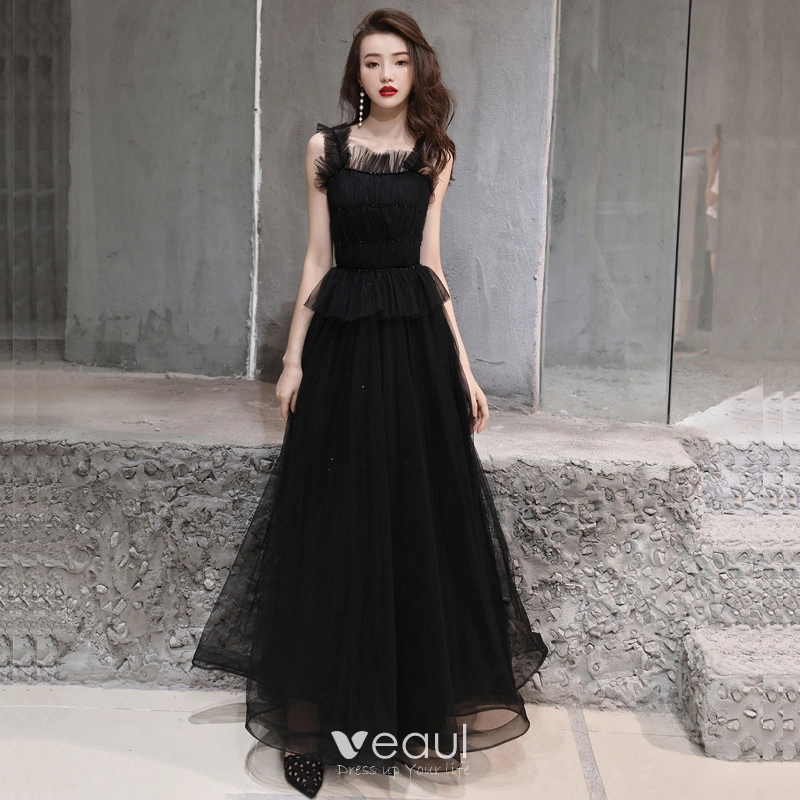 Modest Simple Black Evening Dresses 2019 A Line Princess Shoulders Sleeveless Beading Floor Length Long Ruffle Backless Formal Dresses