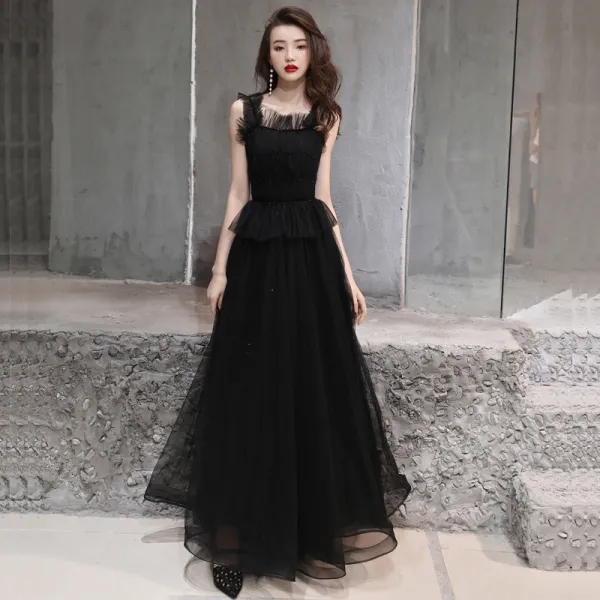 Simple Noire Robe De Soiree 2019 Princesse epaules Sans Manches Perlage Longue Volants Dos Nu Robe