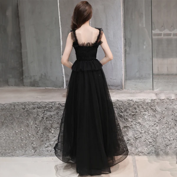 modest long black dress Black Sequin Chiffon Side Slit Cap Sleeves Unique Modest Long Elegant –  SposaBridal main image 0