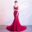 Sexy Rouge Robe De Soirée 2019 Trompette / Sirène Bretelles Spaghetti Sans Manches Appliques En Dentelle Tribunal Train Volants Dos Nu Robe De Ceremonie