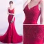 Sexy Rouge Robe De Soirée 2019 Trompette / Sirène Bretelles Spaghetti Sans Manches Appliques En Dentelle Tribunal Train Volants Dos Nu Robe De Ceremonie