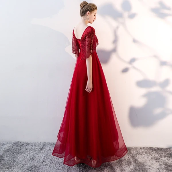 Chic / Beautiful Burgundy Evening Dresses With Shawl 2019 A-Line / Princess Scoop Neck Appliques Lace Beading Pearl Floor-Length / Long Ruffle Backless Formal Dresses