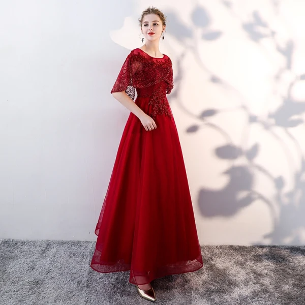 Chic / Beautiful Burgundy Evening Dresses With Shawl 2019 A-Line / Princess Scoop Neck Appliques Lace Beading Pearl Floor-Length / Long Ruffle Backless Formal Dresses