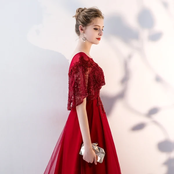 Chic / Beautiful Burgundy Evening Dresses With Shawl 2019 A-Line / Princess Scoop Neck Appliques Lace Beading Pearl Floor-Length / Long Ruffle Backless Formal Dresses